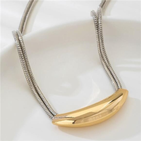 Two-Tone Alloy Curved Pendant Snake Chain Necklace - Picture 4 of 6